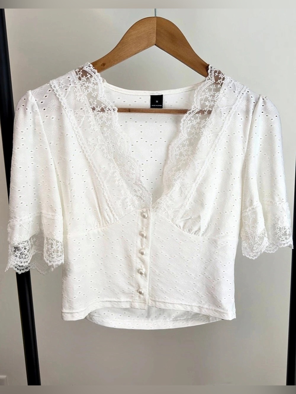 White Eyelet Lace Peplum Blouse | Romantic Cottagecore Coquette Top | M